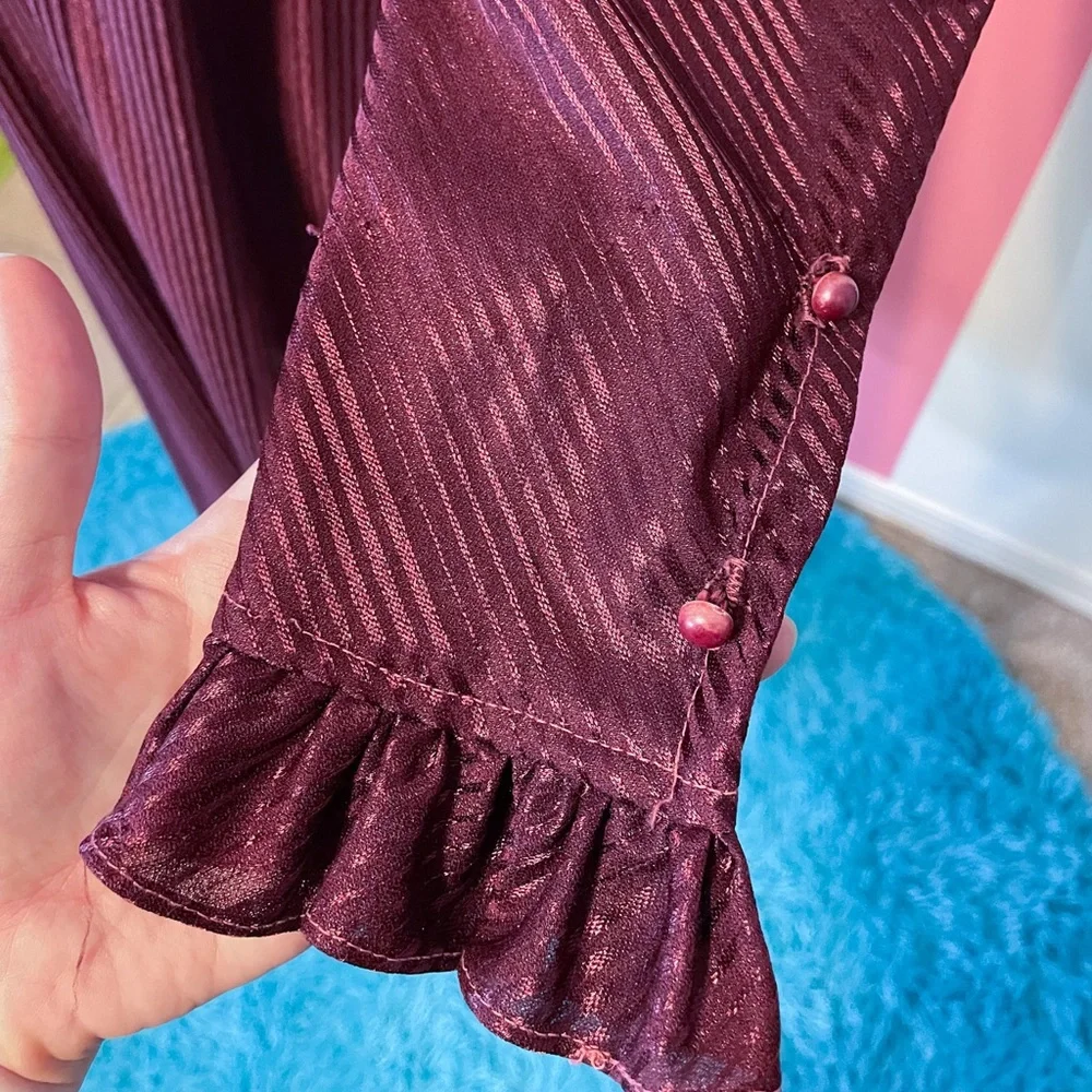 Vintage Merlot Ruffle High-Neck Puff Sleeve Dress - Picture 4 of 12
